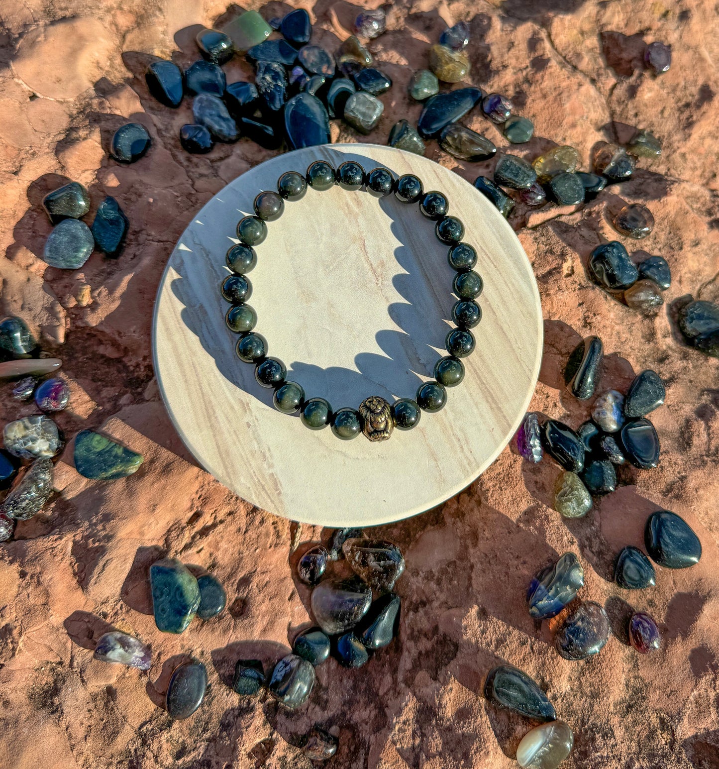 Obsidian Bracelet W/ Lion Charm