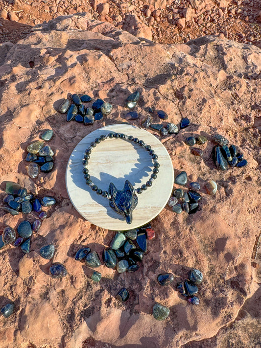 Obsidian Bracelet With Obsidian Wolf Pendant