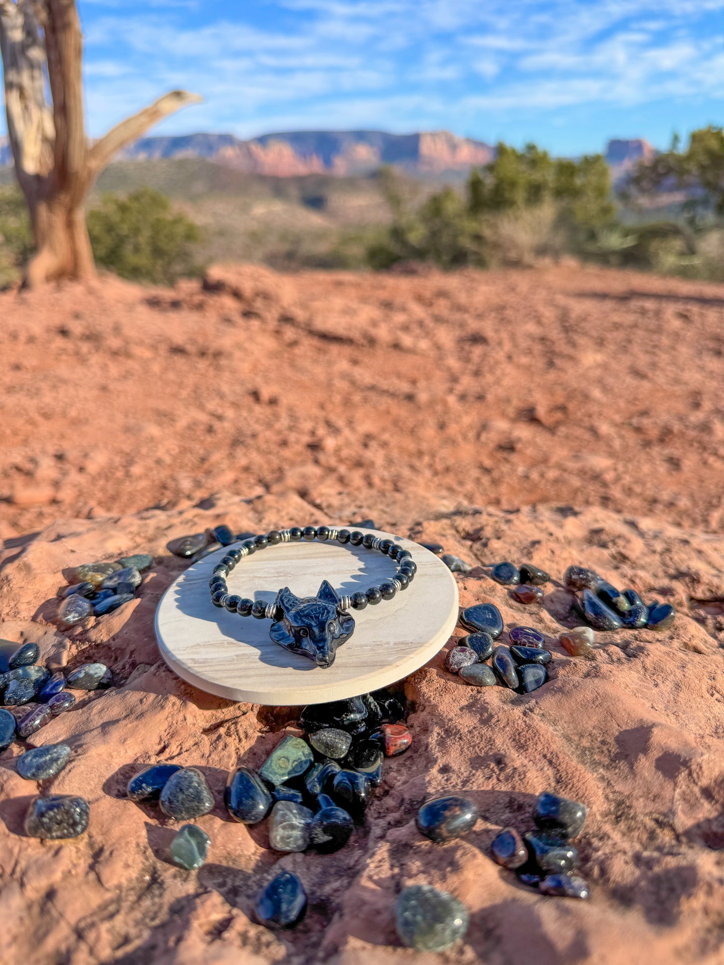 Obsidian Bracelet With Obsidian Wolf Pendant